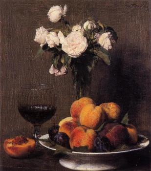 亨利 方丹 拉圖爾 Still Life with Roses, Fruit and a Glass of Wine